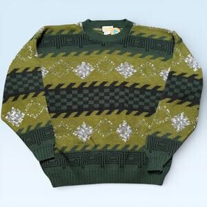 Vintage Adam Sloane Sweater Mens Large Green Geometric Knit Pullover USA 90s